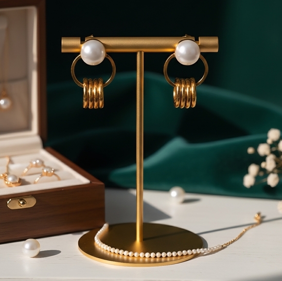 Minimalist Chic Faux Pearl Golden Hoops Earrings Dainty Everyday Jewelry - Picture 12 of 15